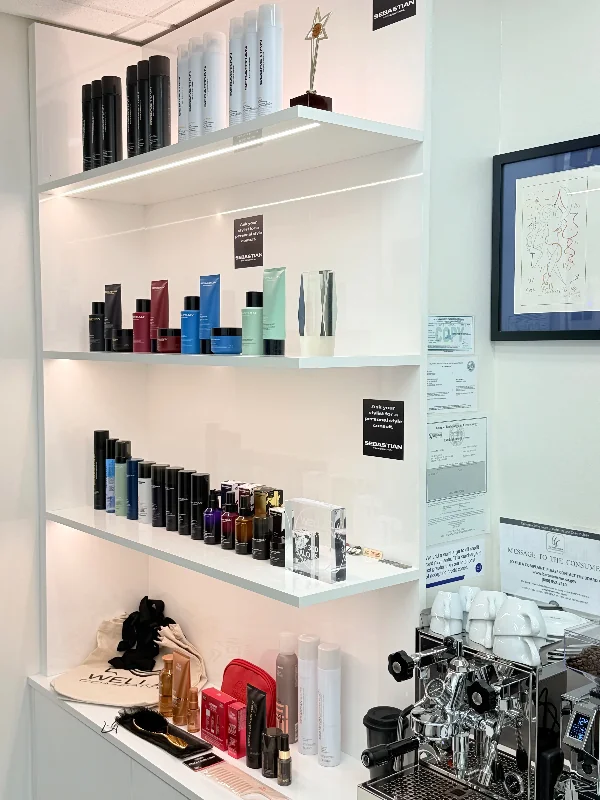 Product wall with scalp-analysis chart at SB SPACE, Los Angeles